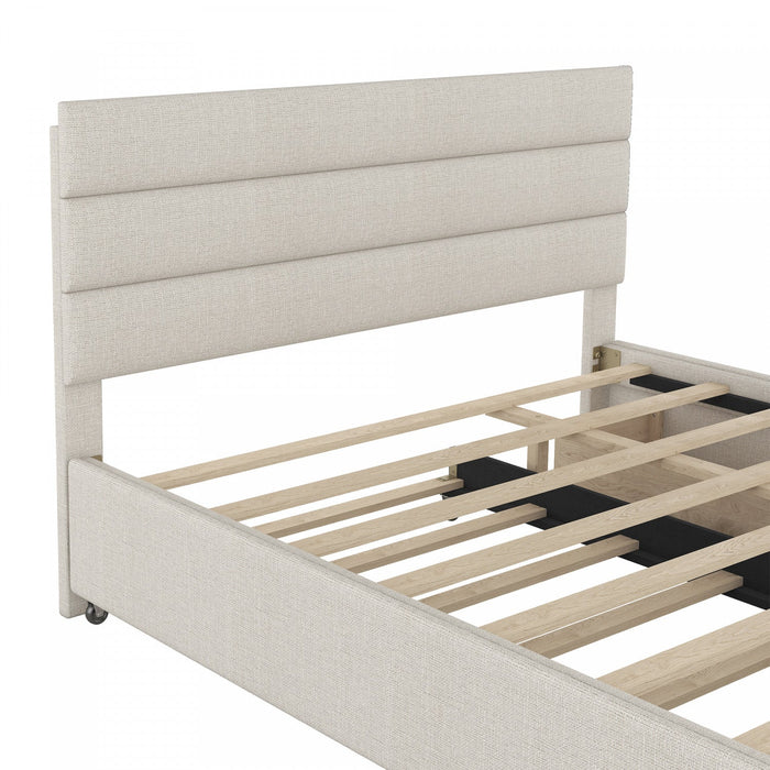Sophie Linen-look Fabric Upholstered Platform Bed With Trundle And Storage Drawers, Queen Size - Beige 