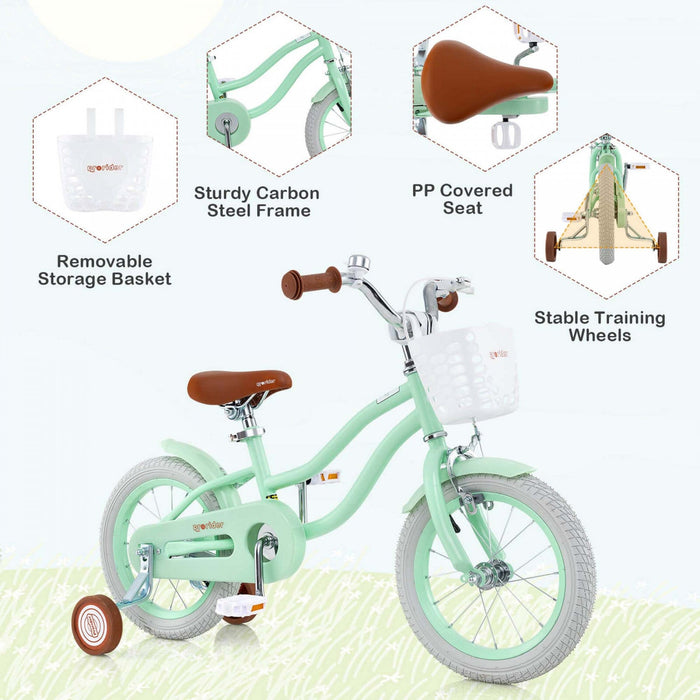 Prorider 14" Kid's Bike With Removable Training Wheels & Basket For 3-5 Years Old Green