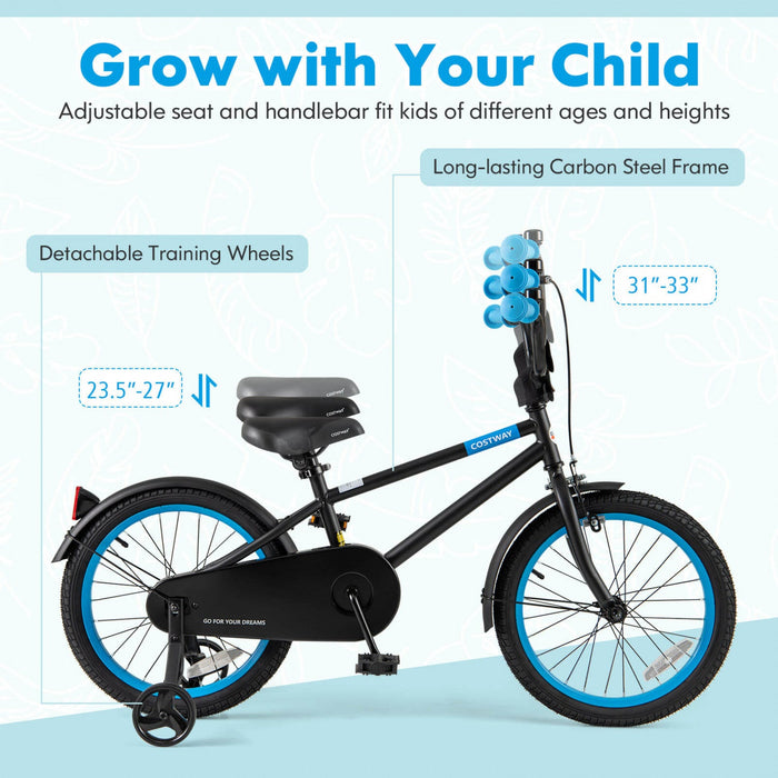 Costway 18" Kids Bike With Adjustable Saddle Handlebar Removable Training Wheels Handbrake Black