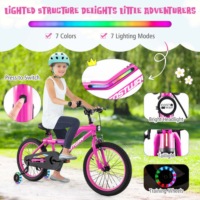 Costway 18" Led Lighted Kids Bike With Adjustable Seat Coaster Brake Training Wheels Pink