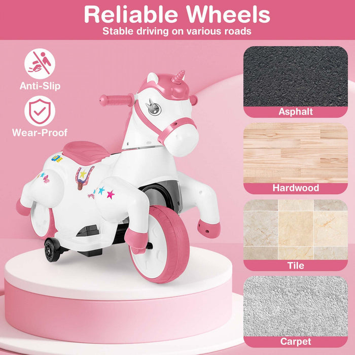 Costway 12v Kids Ride On Unicorn Toy With Training Wheels Music One-button Start Horse Toy Pink