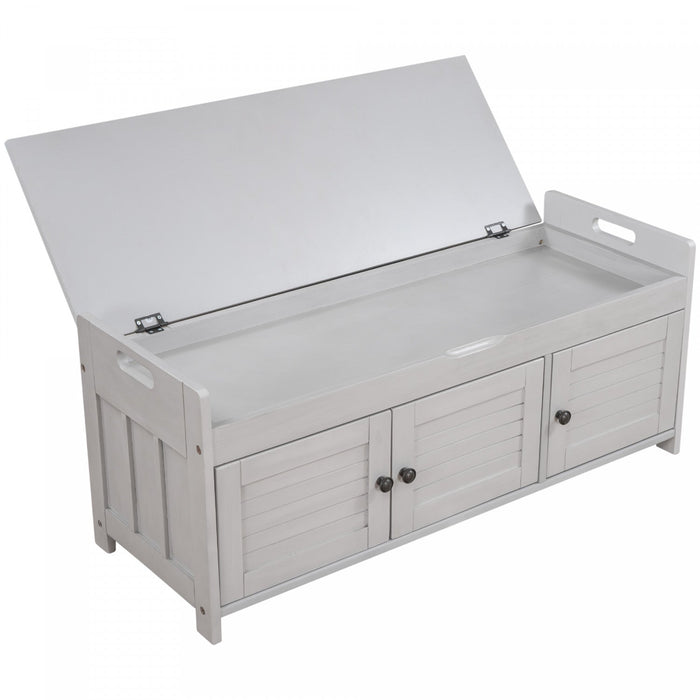 Olivia Pine Wood Storage Bench With 3-door Shoe Cabinet With Hidden Compartment - Grey 