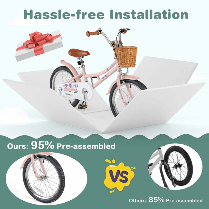 Costway 18" Kids Bike With Height Adjustable Handlebar Seat Basket Bell Training Wheels Pink