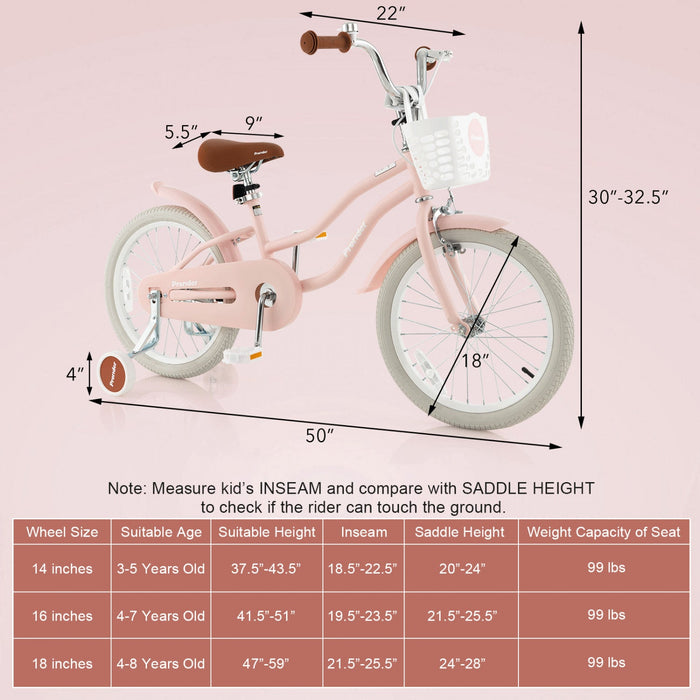 Costway 18" Kids Bike Toddler Bicycle With Training Wheel Kickstand For 4-8 Years Old Pink