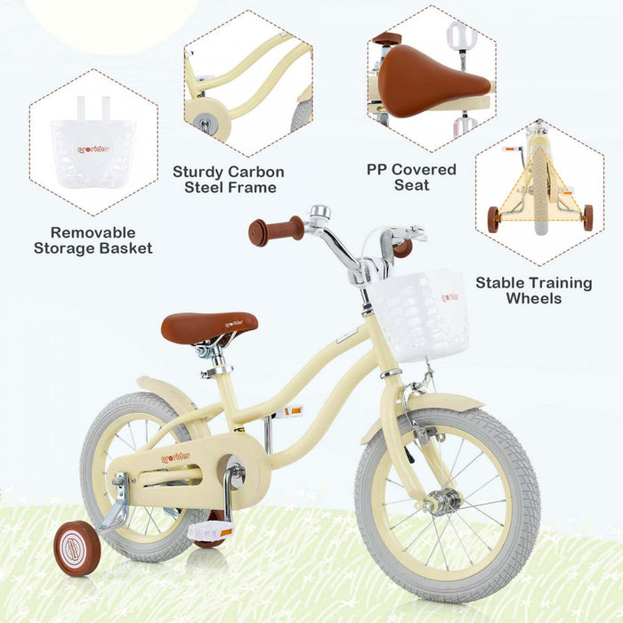 Prorider 14" Kid's Bike With Removable Training Wheels & Basket For 3-5 Years Old Beige