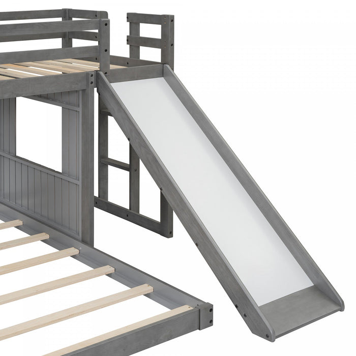 Marico Twin Over Solid Wood Full Bunk Bed With Slide, Playhouse Design - Antique Grey 