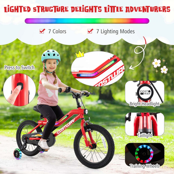 Costway 16" Led Lighted Kids Bike With Adjustable Seat Coaster Brake Training Wheels Red