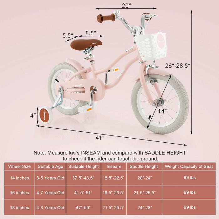 Costway 14" Kid's Bike With Removable Training Wheels & Basket For 3-5 Years Old Pink