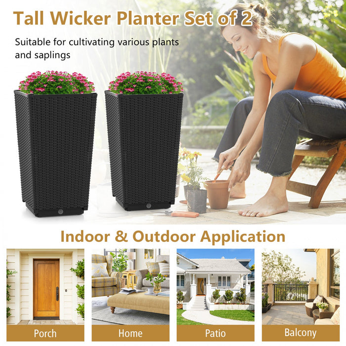 Costway 2pcs Outdoor Wicker Flower Pot 22.5"tall Planters With Drainage Hole Black