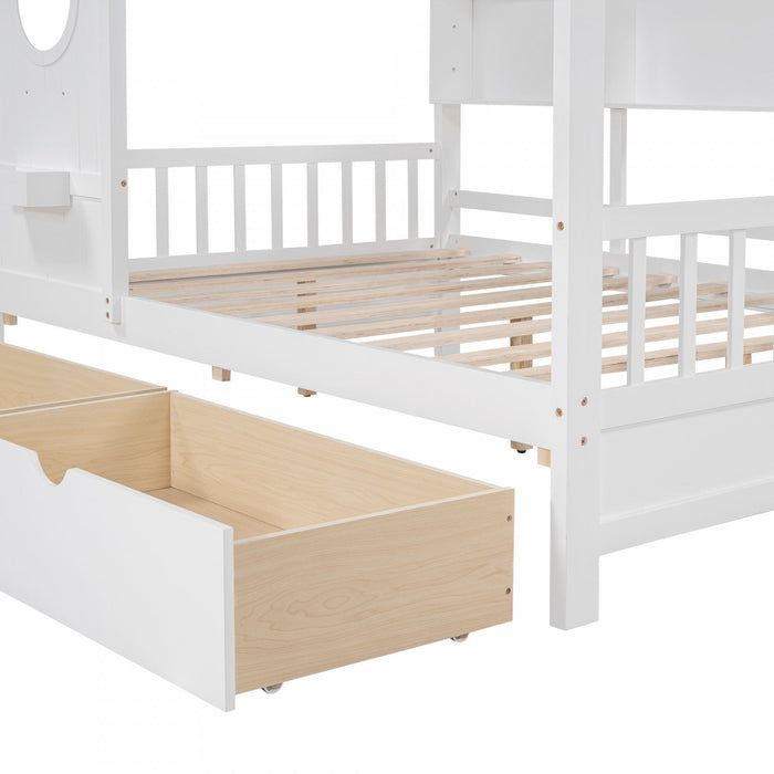 Jeames Wood House Bed with 2 Storage Drawers and Shelf, Full Size - White 