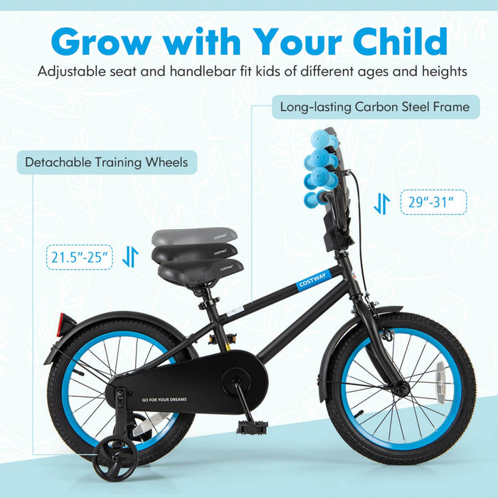 Costway 16" Kids Bike With Adjustable Saddle Handlebar Removable Training Wheels Handbrake Black
