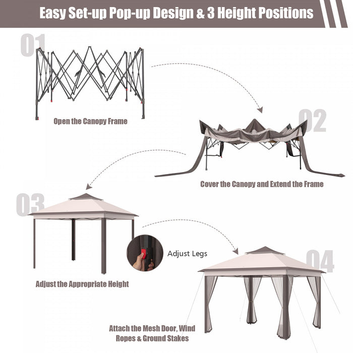 Costway 11'x11' 2-tier Pop-up Gazebo Tent Portable Canopy Shelter Carry Bag Mesh Beige