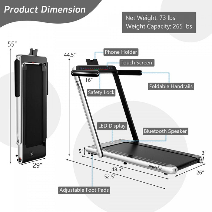 Superfit 2.25hp 2 In 1 Dual Display Folding Treadmill Jogging Machine W/app Control Silver