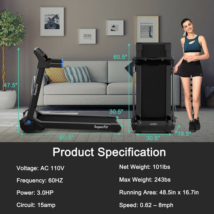 Superfit 3hp Folding Electric Treadmill Running Machine W/ Speaker Blue