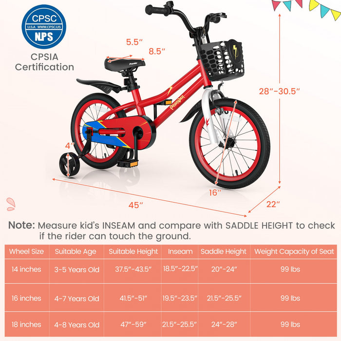Costway 16" Kid's Bike With Removable Training Wheels & Basket For 4-7 Years Old Red