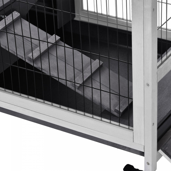 Pawhut Wooden Indoor Rabbit Hutch Elevated Bunny Cage Habitat With Enclosed Run With Wheels, Ideal F