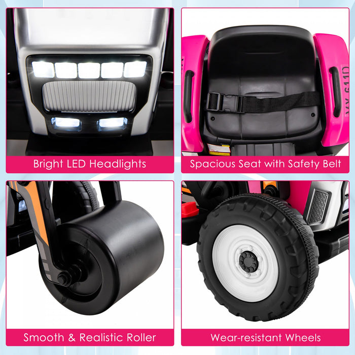 Costway Kids Ride On Road Roller 12v Electric Tractor Remote W/ Music & Led Light Pink