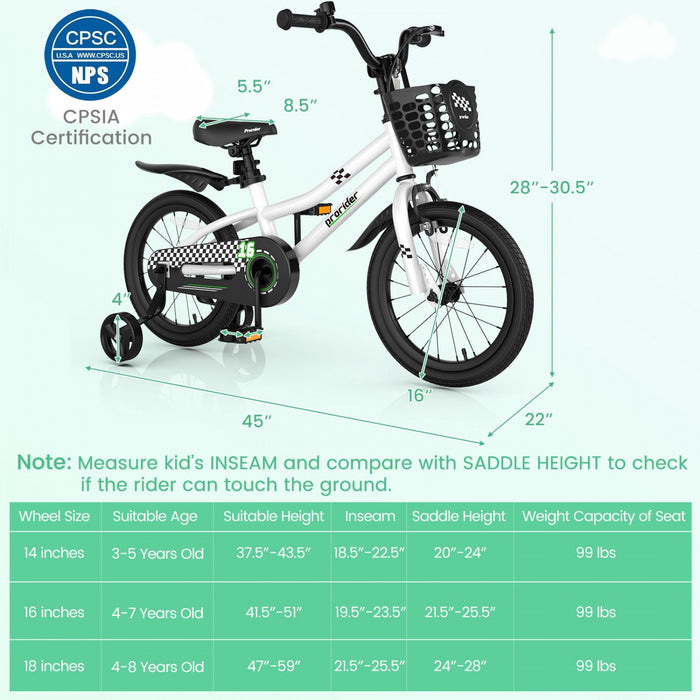 Costway 16" Kid's Bike With Removable Training Wheels & Basket For 4-7 Years Old White