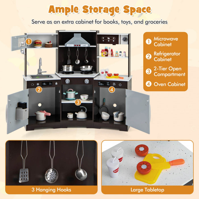 Costway Pretend Play Kitchen For Kids Toddler Aged 3+ Wooden Toy Set With Range Hood Brown