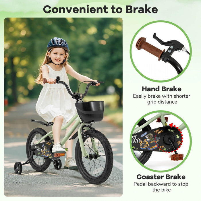 Costway 16" Kid's Bike With Training Wheels Adjustable Handlebar & Seat Handbrake Green