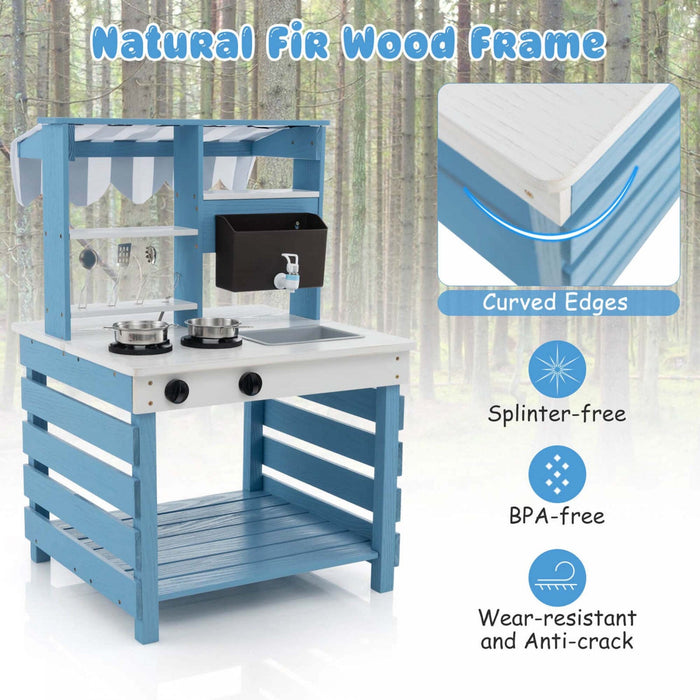 Costway 2-in-1 Wooden Mud Kitchen With Canopy Removable Sink Water Box Faucet Sound Effect