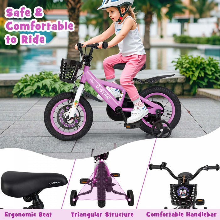 Costway 12" Kid's Bike For 3-4 With Height-adjustable Handlebar & Saddle Handbrake Purple