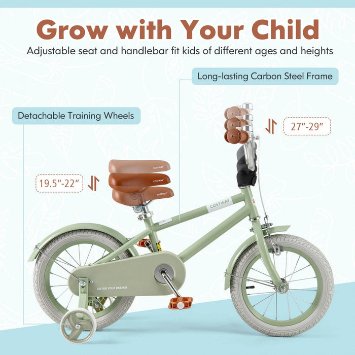 Costway 14" Kids Bike With Adjustable Saddle Handlebar Removable Training Wheels Handbrake Green