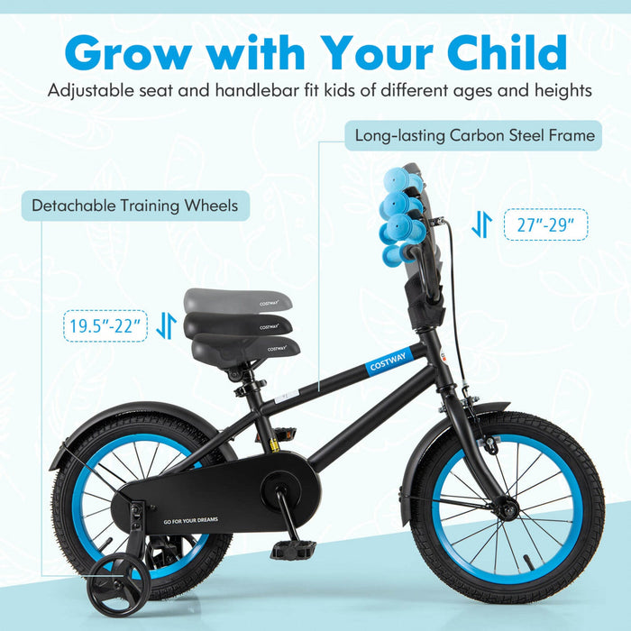 Costway 14" Kids Bike With Adjustable Saddle Handlebar Removable Training Wheels Handbrake Black