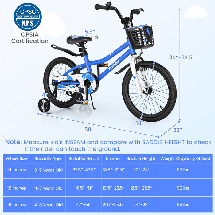 Costway 18" Kid's Bike With Removable Training Wheels & Basket For 4-8 Years Old Blue