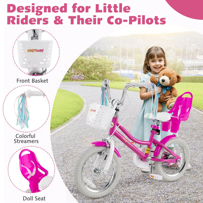 Costway 14" Kids Bike With Training Wheels Doll Seat Basket Streamers Hand Brake Pink
