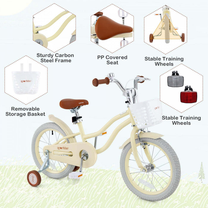 Prorider 16" Kids Bike Toddler Adjustable Bicycle With Training Wheel For 4-7 Years Old Girl Beige