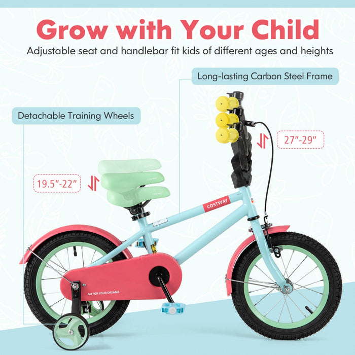 Costway 14" Kids Bike With Adjustable Saddle Handlebar Removable Training Wheels Handbrake Red