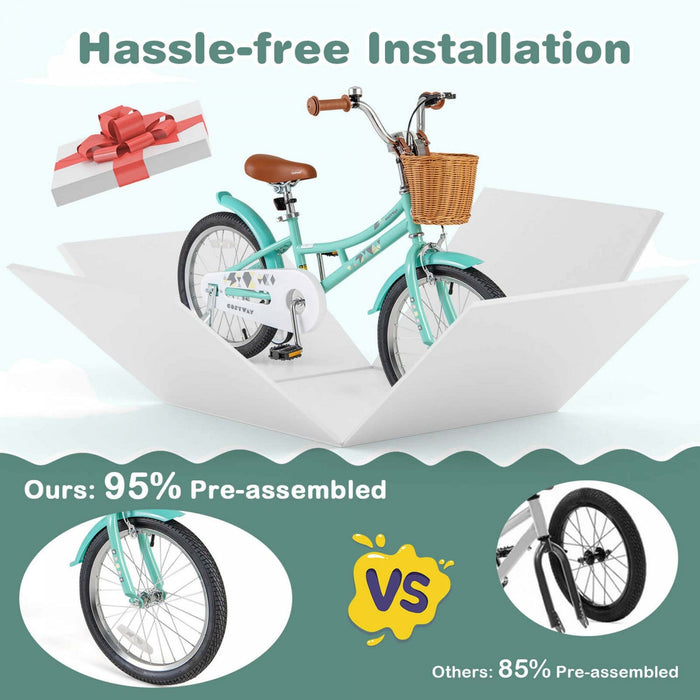 Costway 18" Kids Bike With Height Adjustable Handlebar Seat Basket Bell Training Wheels Green
