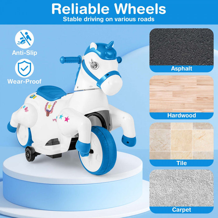 Costway 12v Kids Ride On Unicorn Toy With Training Wheels Music One-button Start Horse Toy Blue