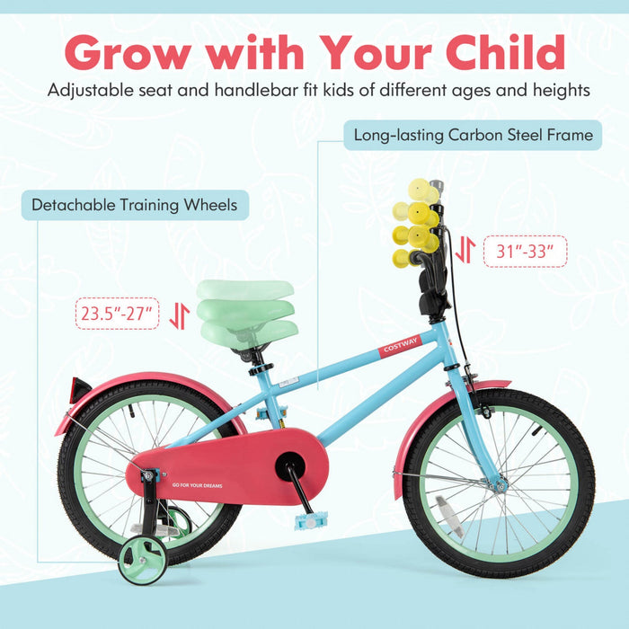 Costway 18" Kids Bike With Adjustable Saddle Handlebar Removable Training Wheels Handbrake Red