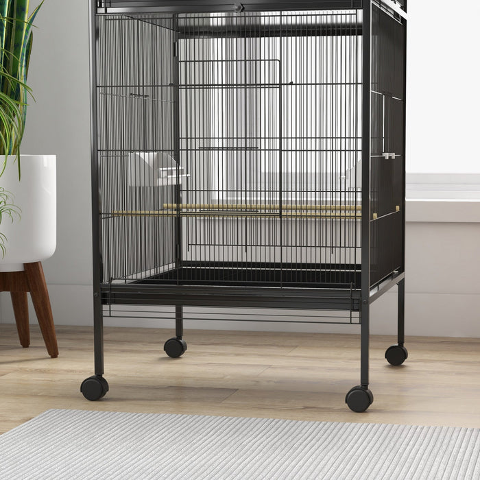 Pawhut Wrought Metal Bird Cage Feeder With Rolling Stand Perches Food Containers Doors Wheels 67\" H,