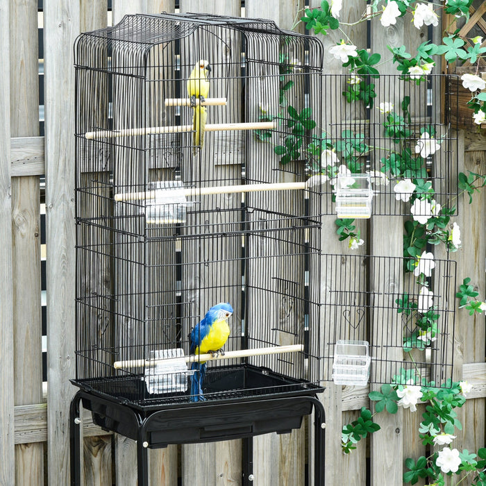 Pawhut 62\" Bird Cage Budgie Cage With Wheels, Detachable Stand, Storage, Black