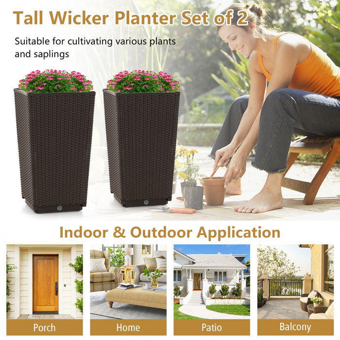 Costway 2pcs Outdoor Wicker Flower Pot 22.5"tall Planters With Drainage Hole Coffee