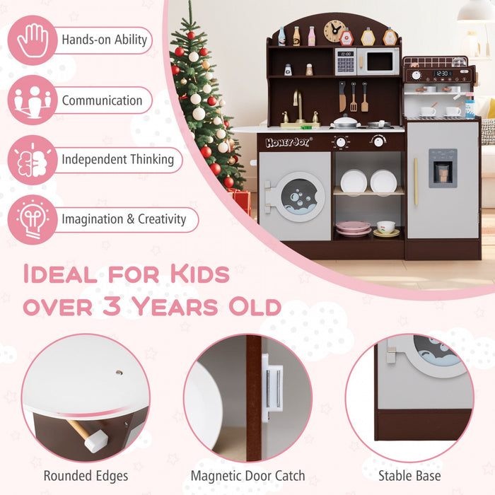 Honeyjoy Kids Kitchen Set Wooden Kitchen Playset With Clock, Microwave, Sink, Dish Rack Brown