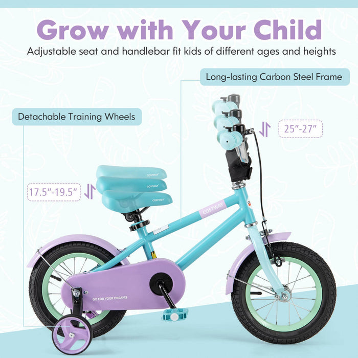 Costway 12" Kids Bike With Adjustable Saddle Handlebar Removable Training Wheels Handbrake Blue