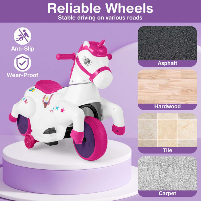 Costway 12v Kids Ride On Unicorn Toy With Training Wheels Music One-button Start Horse Toy Red