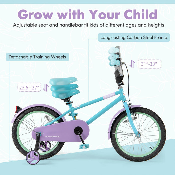 Costway 18" Kids Bike With Adjustable Saddle Handlebar Removable Training Wheels Handbrake Blue