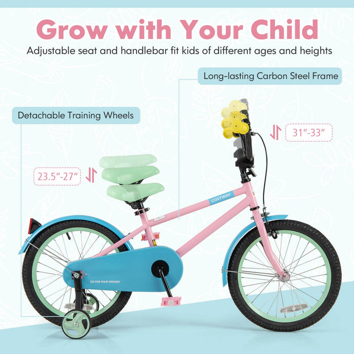 Costway 18" Kids Bike With Adjustable Saddle Handlebar Removable Training Wheels Handbrake Pink