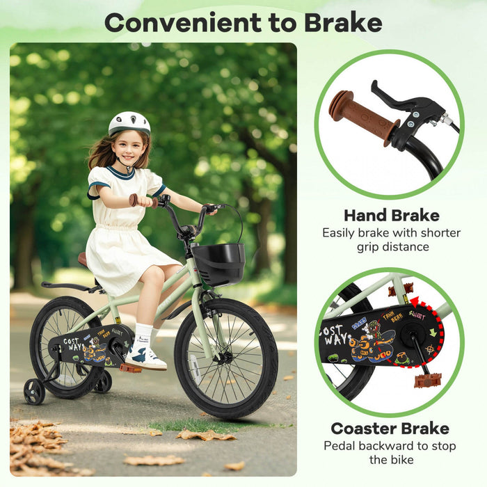 Costway 18" Kid's Bike With Training Wheels Adjustable Handlebar & Seat Handbrake Green