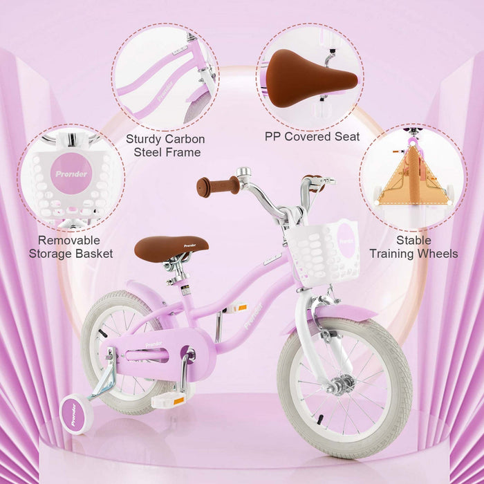 Costway 14" Kid's Bike With Removable Training Wheels & Basket For 3-5 Years Old Purple