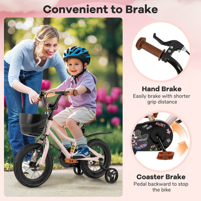 Costway 12" Kid's Bike With Training Wheels Adjustable Handlebar & Seat Handbrake Pink