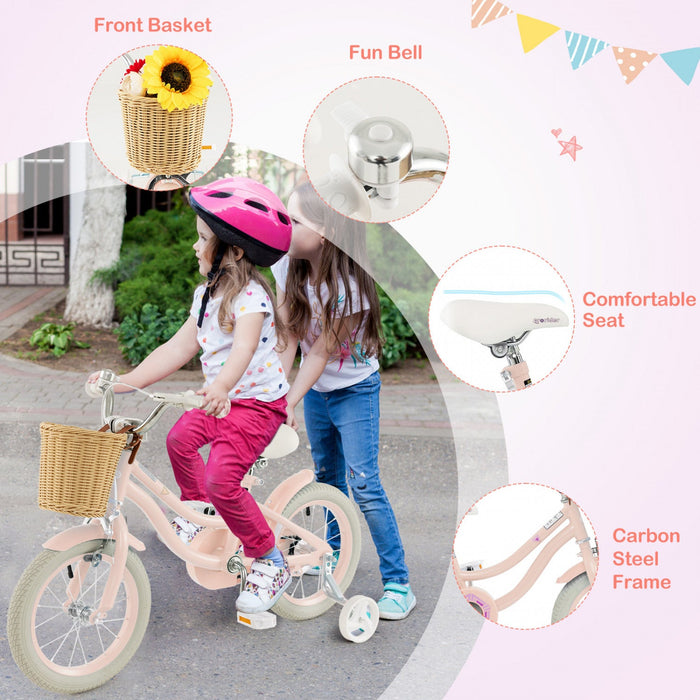 Prorider 14" Kid's Bike With Training Wheels Adjustable Handlebar Seat Handbrake Pink