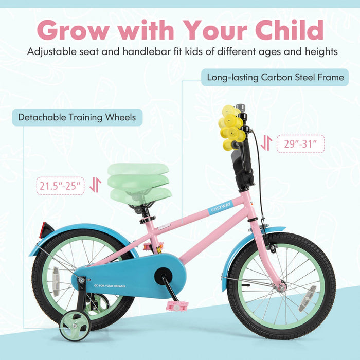 Costway 16" Kids Bike With Adjustable Saddle Handlebar Removable Training Wheels Handbrake Pink