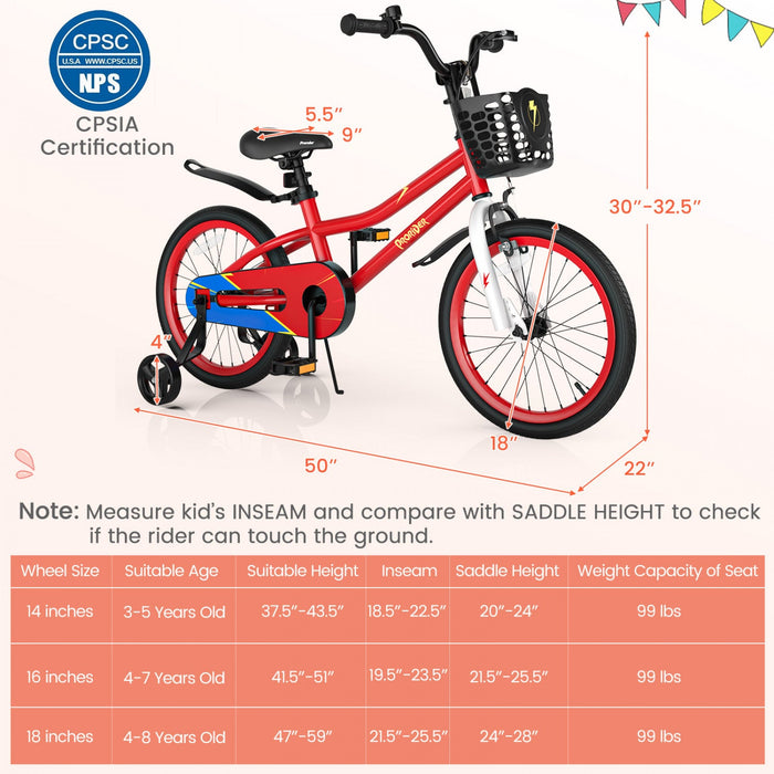 Costway 18" Kid's Bike With Removable Training Wheels & Basket For 4-8 Years Old Red