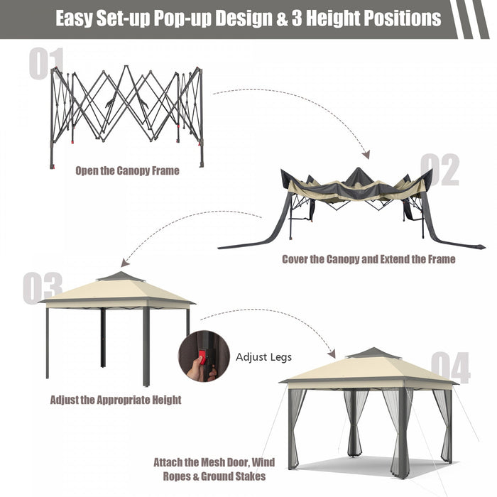 Costway 11'x11' 2-tier Pop-up Gazebo Tent Portable Canopy Shelter Carry Bag Mesh Brown